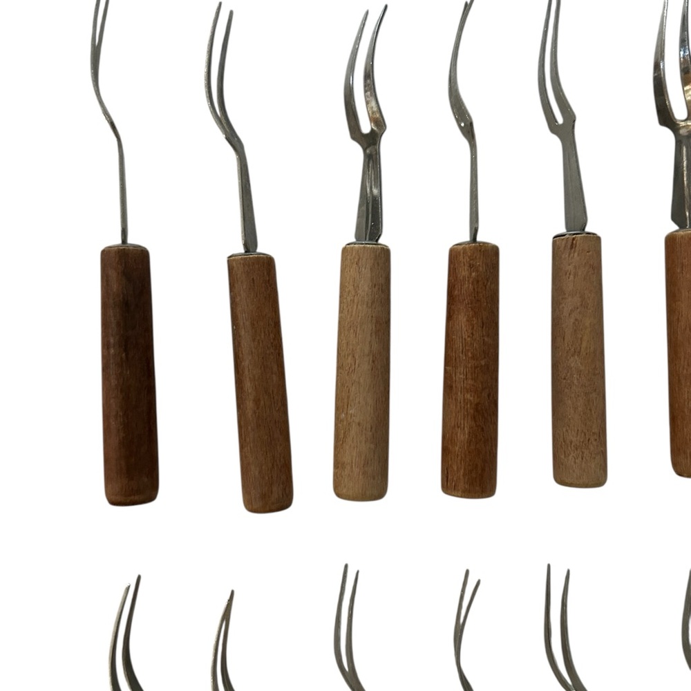 Cocktail  Appetizer Forks And Knife Small Stainless Steel & Wood 15 Pc Vintage - Picture 11 of 15